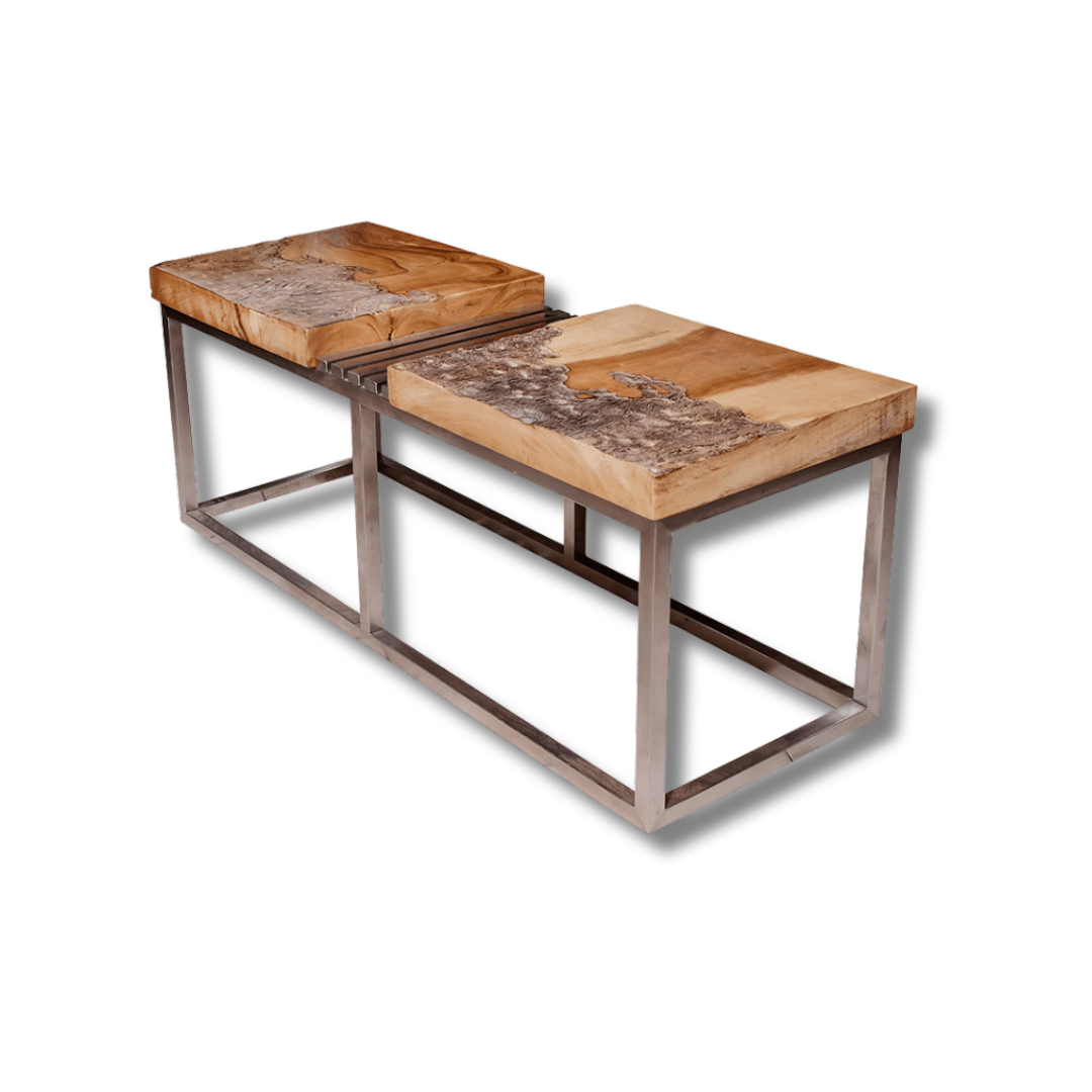 a pair of two wooden benches