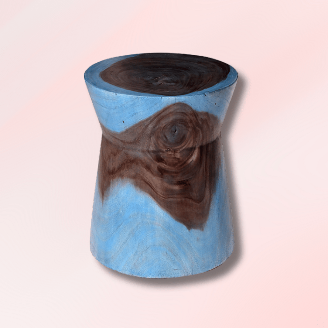 a blue swirl wooden stool