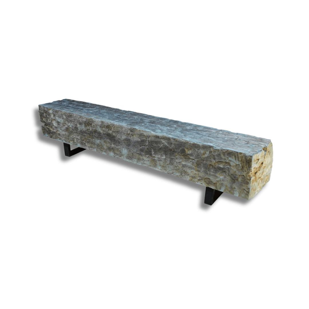 long wooden bench with stone texture