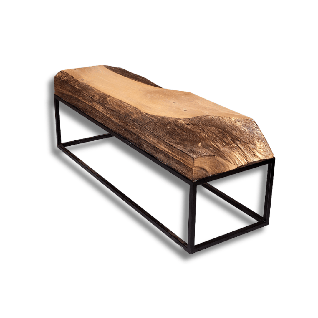 a bench with big wooden trunk accent