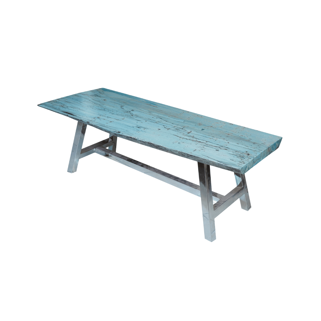 a blue wooden bench with a wooden table top