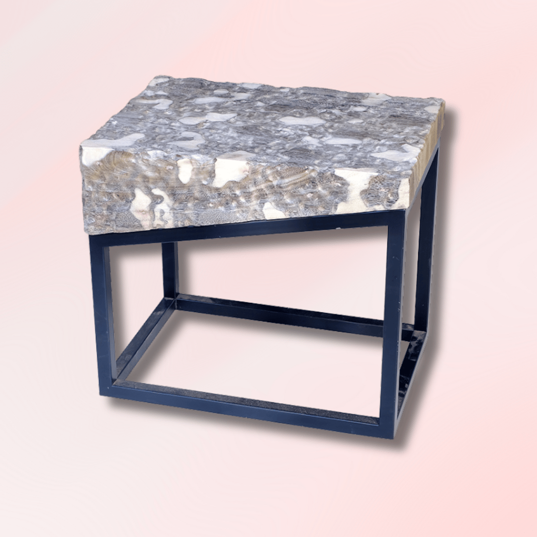 square grey white wooden stool on top